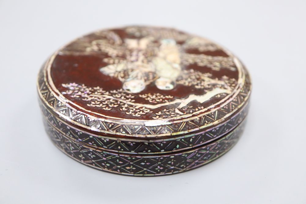 A Japanese mother of pearl inlaid lacquer box and cover